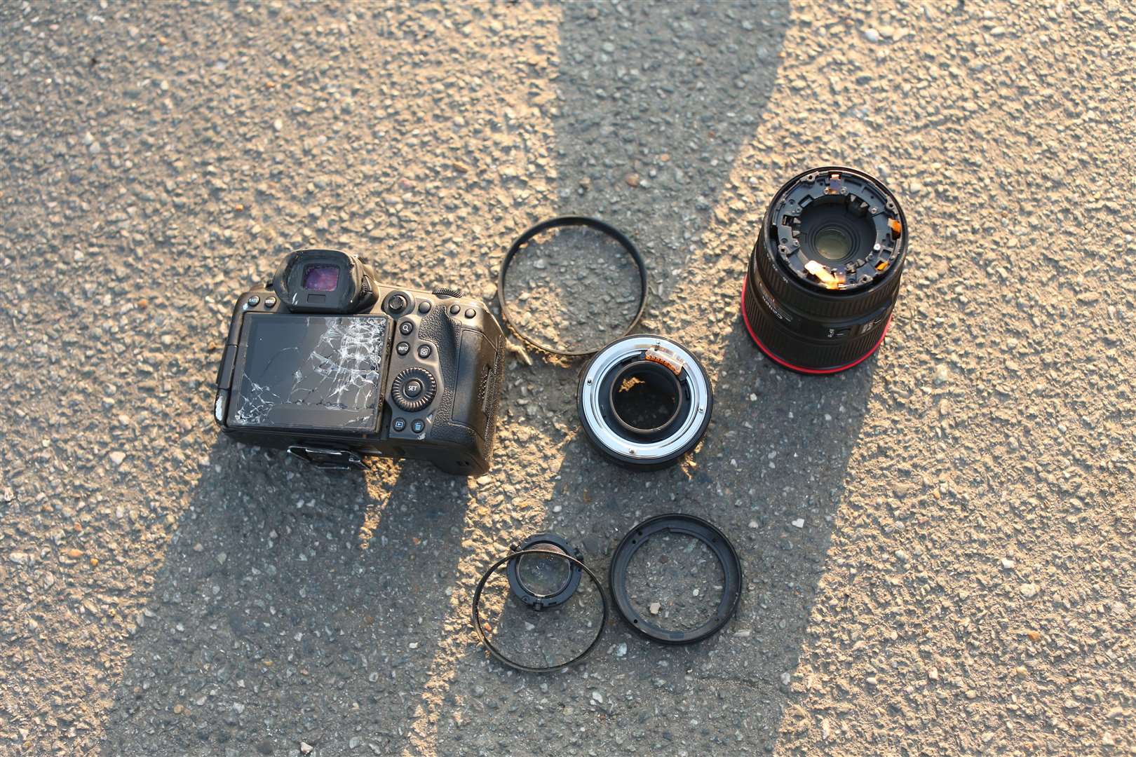 The damage caused after Dizzee Rascal took a camera from a PA Media photographer outside court (James Manning/PA)