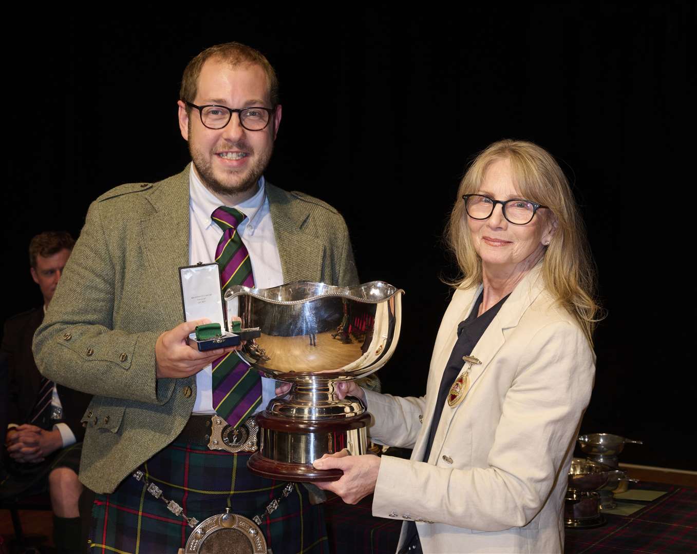 Glynis Campbell-Sinclair (the Provost of Inverness) with Aladair Henderson who won the 1st A MSR at the Northern Meeting 2022 which was held at Eden Court in Inverness.