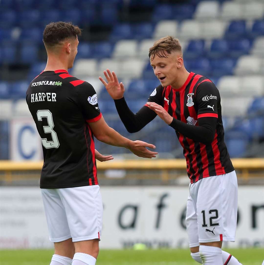 Picture - Ken Macpherson. Premier Sports Cup (Group Stage) Inverness CT(4) v Albion Rovers(0). 19.07.22. ICT’s Roddy MacGregor celebrates his goal with Cameron Harper.