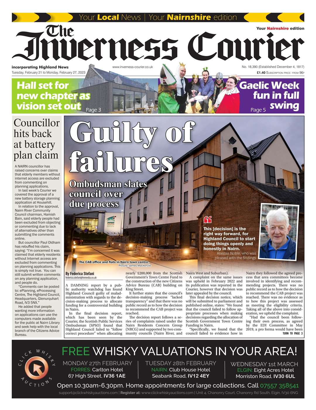 The Inverness Courier (Nairnshire edition), February 21, front page.