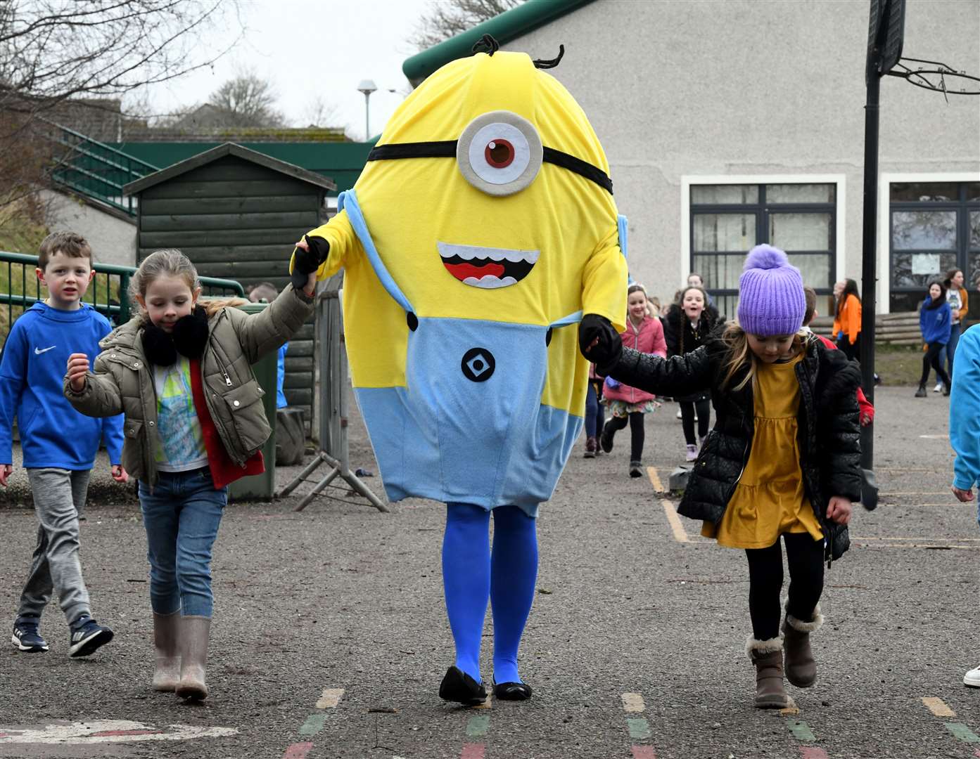 Children at Kinmylies Primary School wore the colours of the Ukrainian flag – yellow and blue – as part of a sponsored walk to help Ukraine. A Minion dressed in blue and yellow. Picture: James Mackenzie