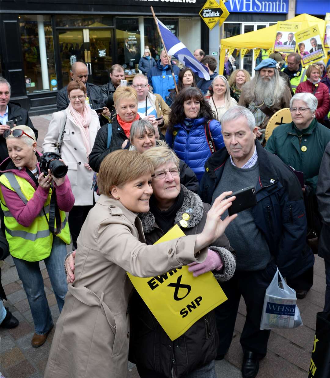 First Minister Nicola Sturgeon posing for selfies in Inverness High Street while on the electoral campaign trail. Picture: Gary Anthony. Image No.033268.