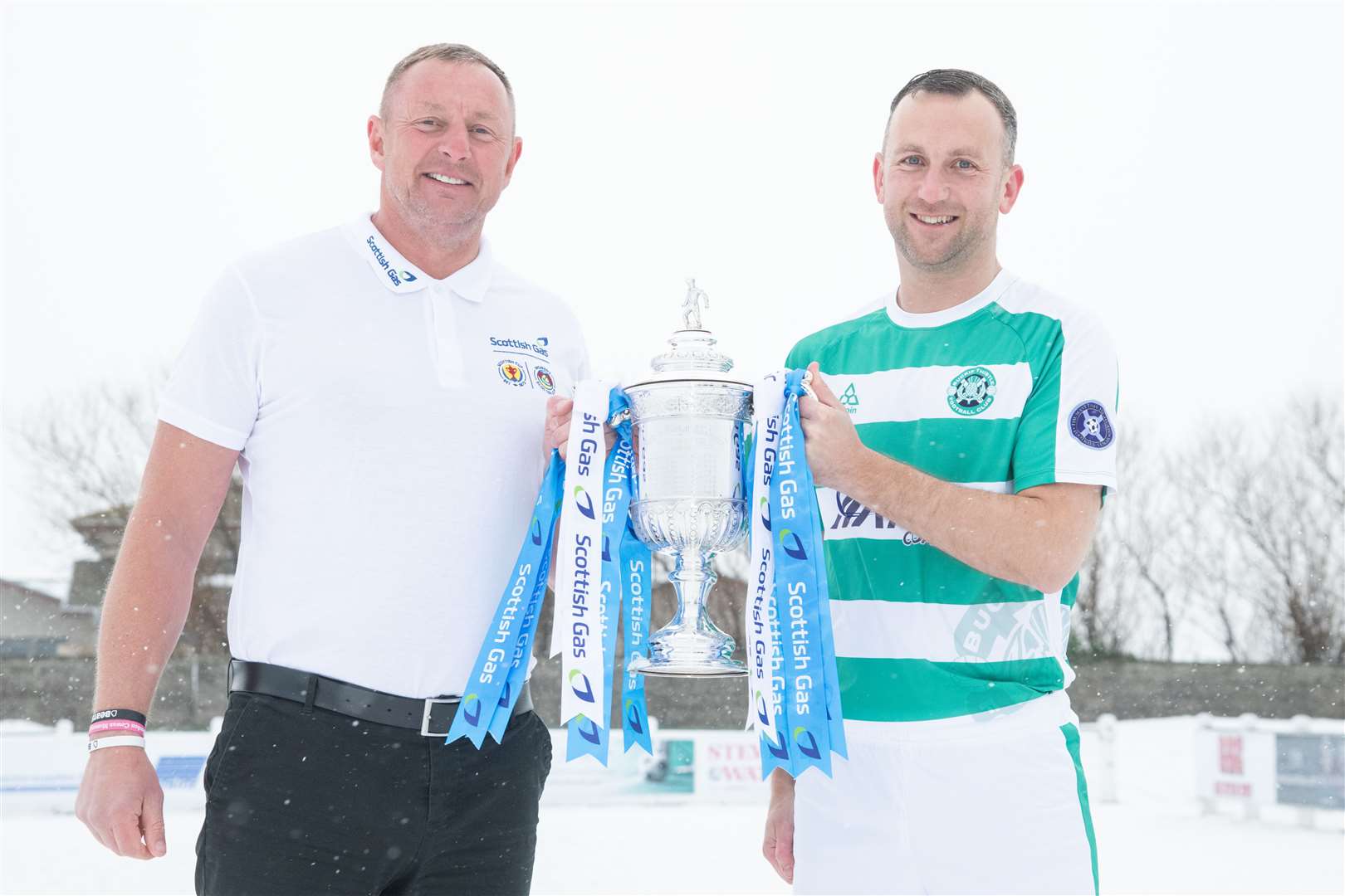 Former Celtic goalkeeper and three time Scottish Cup winner Rab Douglas (left) and Buckie Thistle striker John McLeod...The Scottish Gas Scottish Cup arrives at a snow-covered Victoria Park ahead of Buckie Thistle's fouth round match with Glasgow Celtic...Picture: Daniel Forsyth..