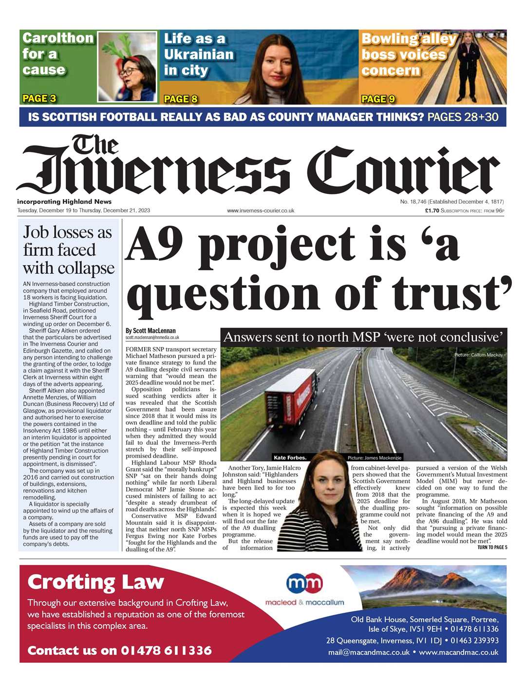 The Inverness Courier, December 19, front page.