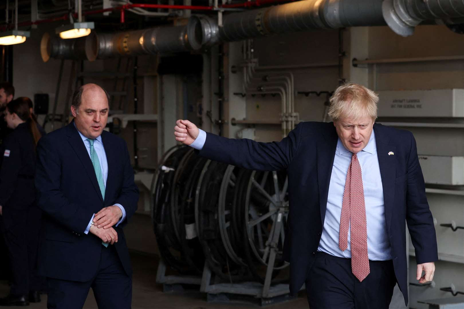 Prime Minister Boris Johnson and Defence Secretary Ben Wallace on board HMS Dauntless in March (Phil Noble/PA)