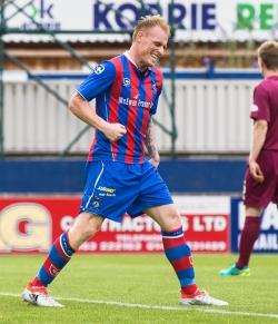Carl Tremarco celebrates getting his first goal against Arbroath. Picture: Ken Macpherson.