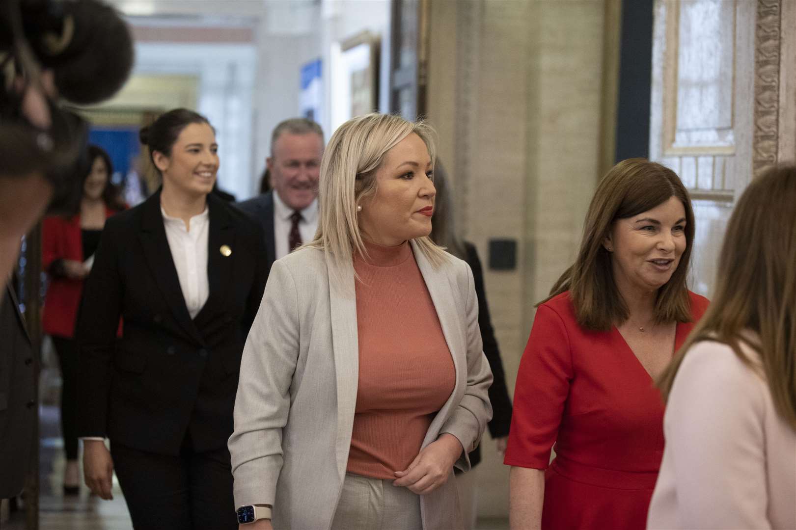 Sinn Fein Vice-President Michelle O’Neill walking out of the Northern Ireland Assembly Chamber on Friday (Liam McBurney/PA)