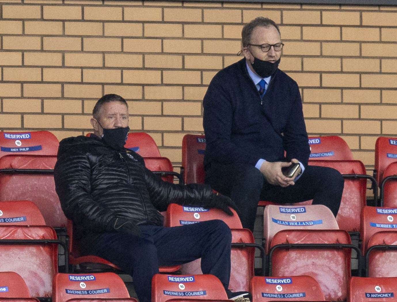 Picture - Ken Macpherson, Inverness. Pre-Season Friendly. Inverness CT(1) v Elgin City(1). 03.10.20. ICT manager John Robertson watched the game from the main stand, pictured with chief executive Scot Gardiner,