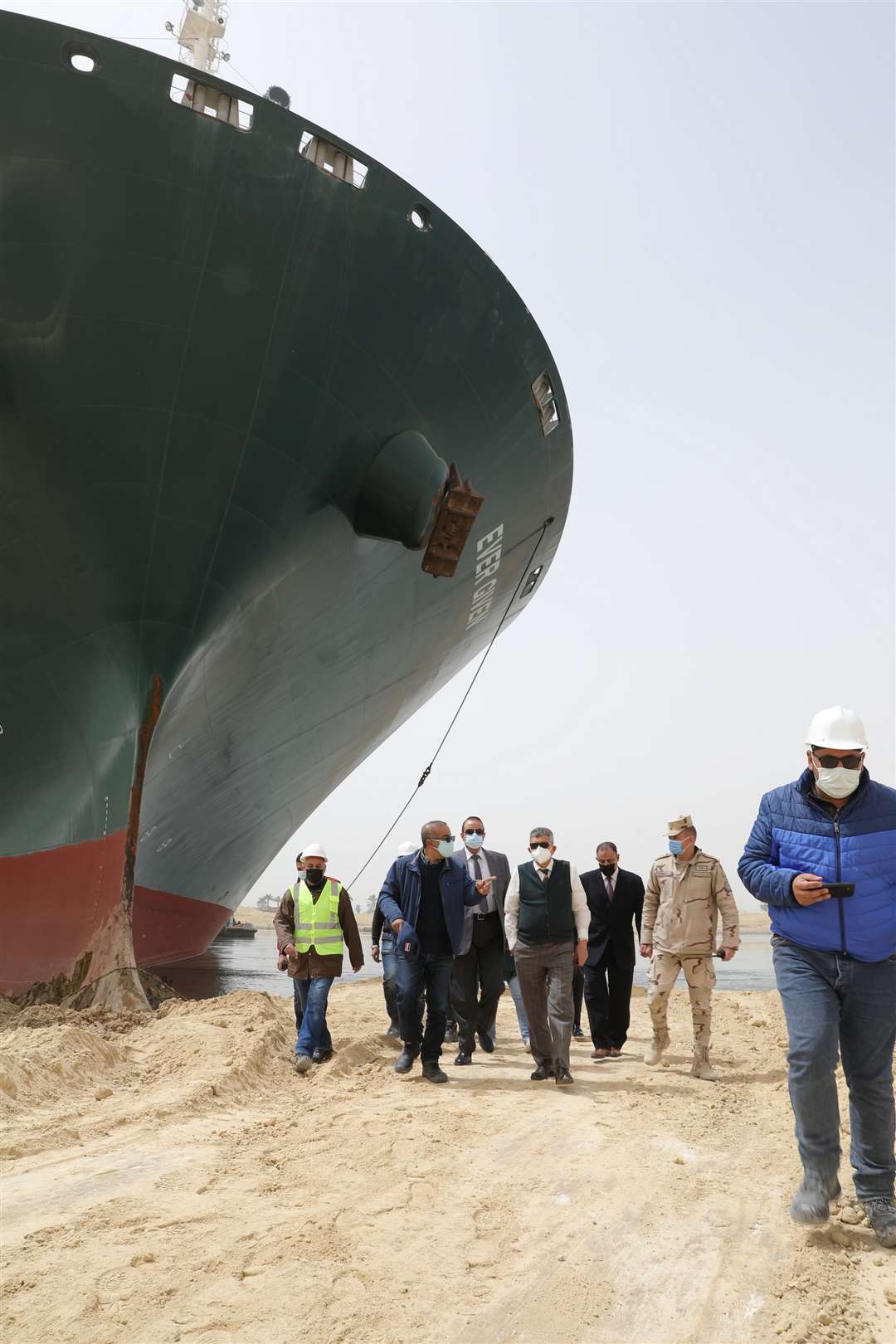 An inspection of the Ever Given after it became stuck (Suez Canal Authority)