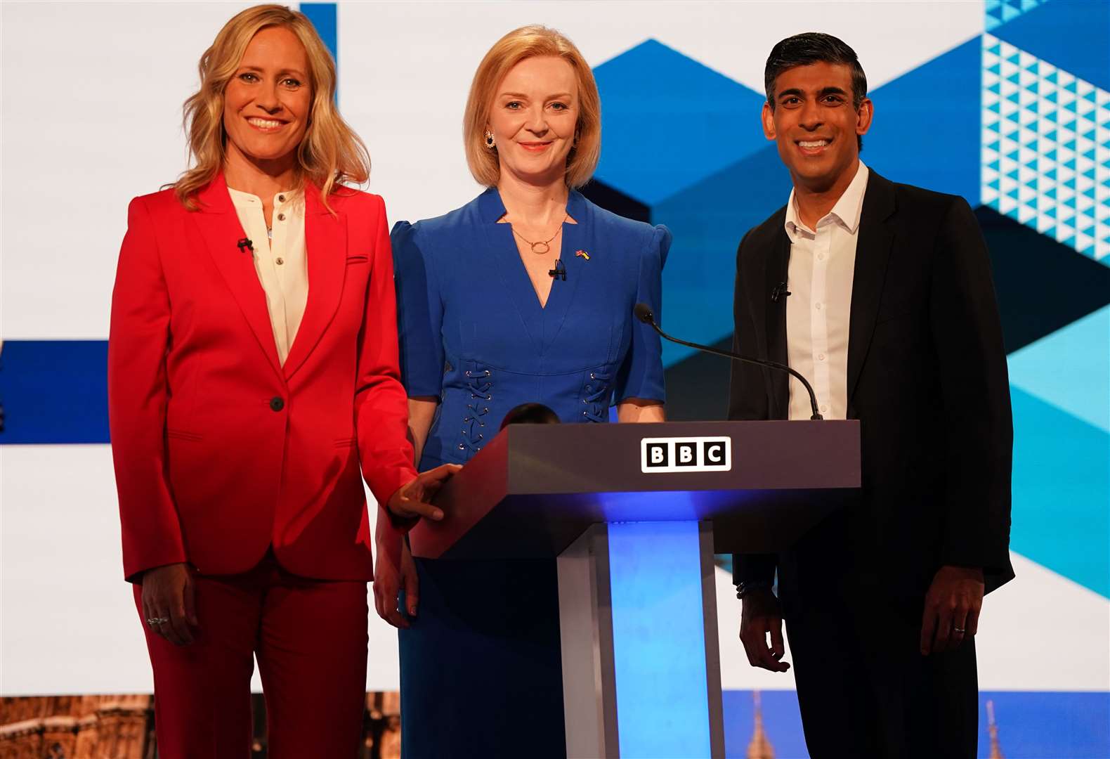 Liz Truss and Rishi Sunak taking part in Our Next Prime Minister, presented by Sophie Raworth (Jacob King/PA)