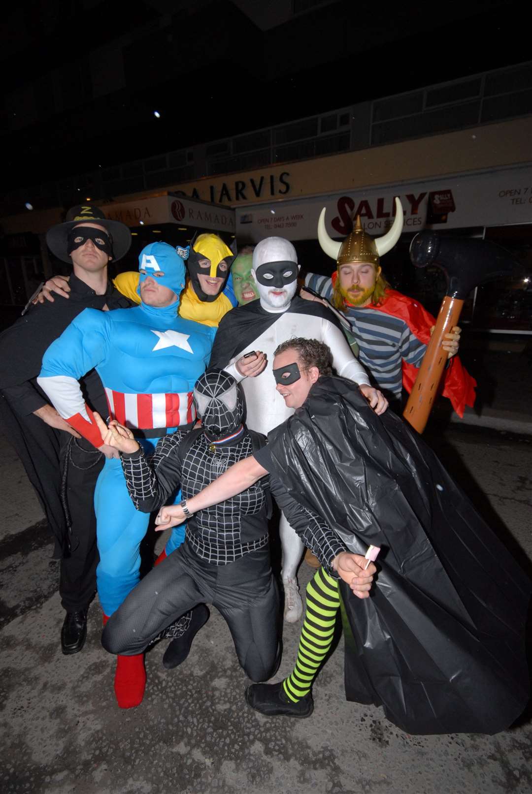 See: Copy By: .Cityseen,Stag night out on the town for Stuart Woodrow(centre,sperm or in white!!) and his action hero team.Pic By Gary Anthony..SPP Staff.Photographer.