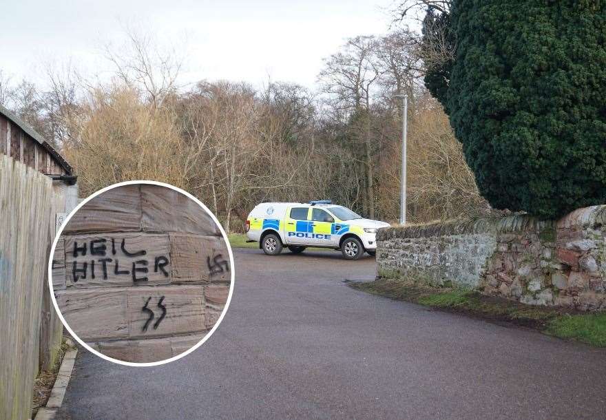 The graffiti were found in various points on the walk between Church Street, Riverside Park and the railway bridge crossing the River Nairn. We made the decision not to publish all the graffiti found in the area due to their highly offensive content. Pictures: Federica Stefani.