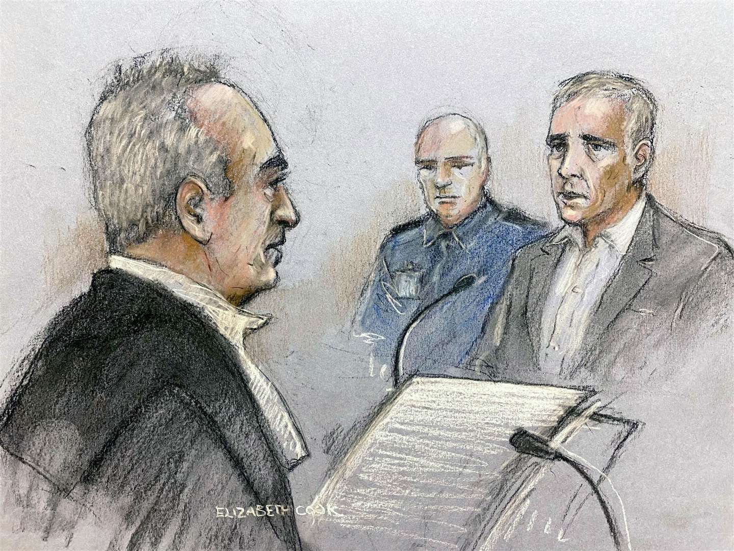 Court artist sketch by Elizabeth Cook of former Sinn Fein councillor Jonathan Dowdall being cross examined by Hutch’s defence (Elizabeth Cook/PA)
