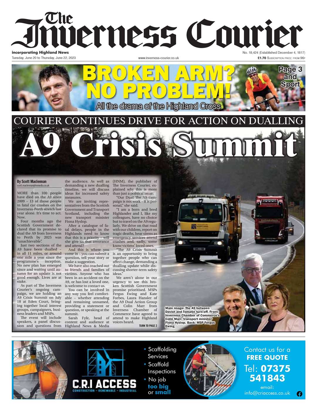 The Inverness Courier, June 20, front page.