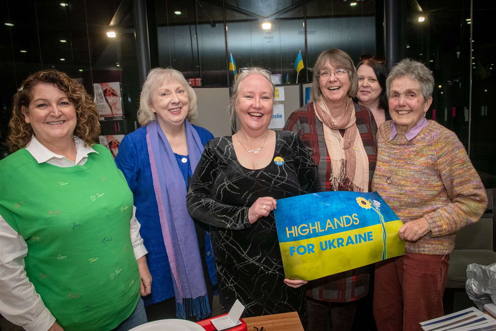 Lis Jackson, Helen MacRae, Issy Fairclough, Gill Challis, Fiona MacDonald and Mary MacLeod from Highlands For Ukraine and Black Isle And Highlands Refuge Support. Picture: Callum Mackay
