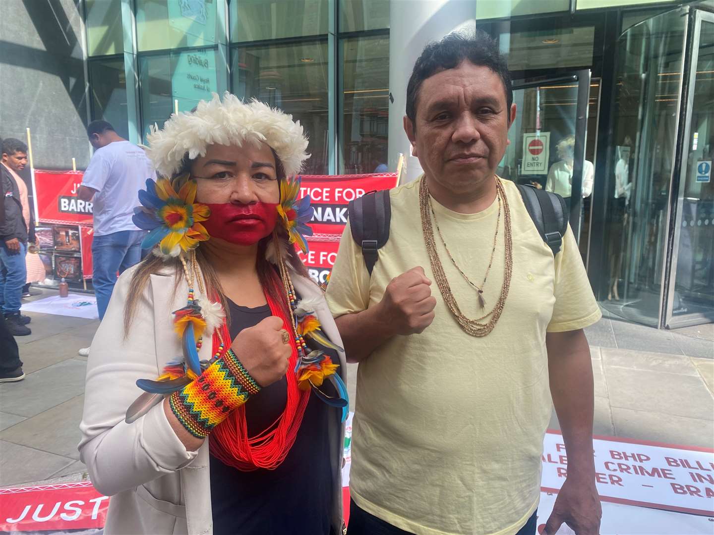 Dirlene Krenak and Rondon Krenak protest outside the High Court in London (PA/Rebecca Speare-Cole)