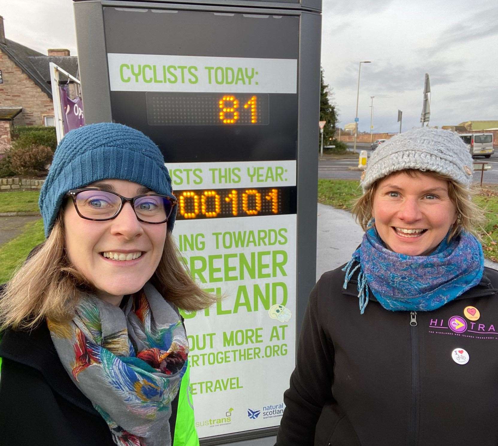 Fiona McInally (left) and Vikki Trelfer at the Millburn Road Cycle Counter after the milestone of 100,000 trips was recorded.