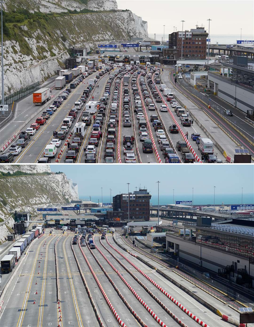 Photos comparing the queues at Dover on Saturday and Sunday (PA)