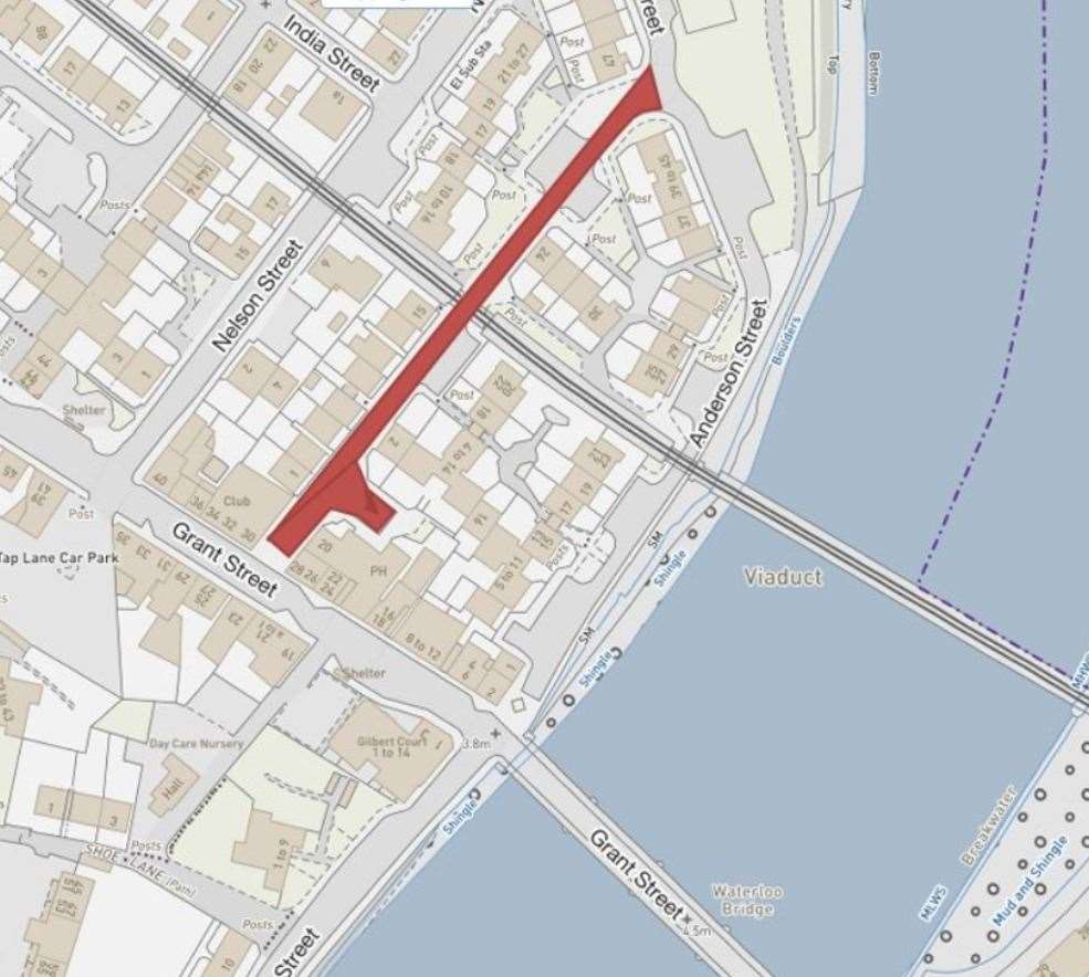 The part of Brown Street affected by the closure is marked in red. Picture: Highland Council.