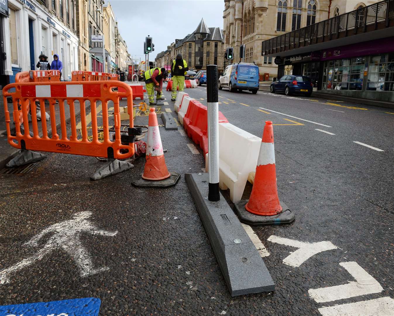 New barriers which are replacing the old plastic distancing barriers on Bridge Street.