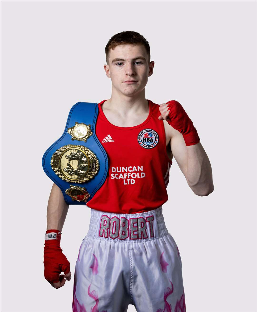 Highland Boxing Academy (HBA)'s Robert Stewart (pictured with a belt he won on Alloa Boxing Club's show in October 2023). Picture: David Rothnie