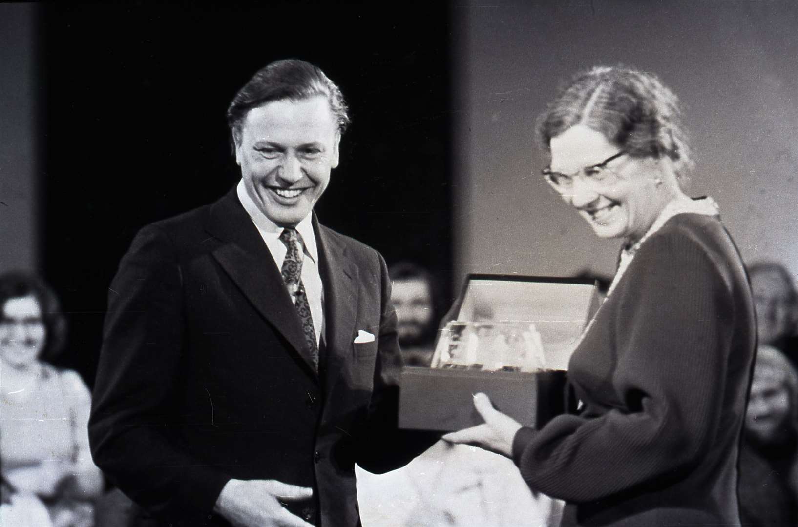 Nancy Wilkinson, the first champion, receiving the trophy from David Attenborough who at that time was director of programmes at the BBC. Picture: BBC