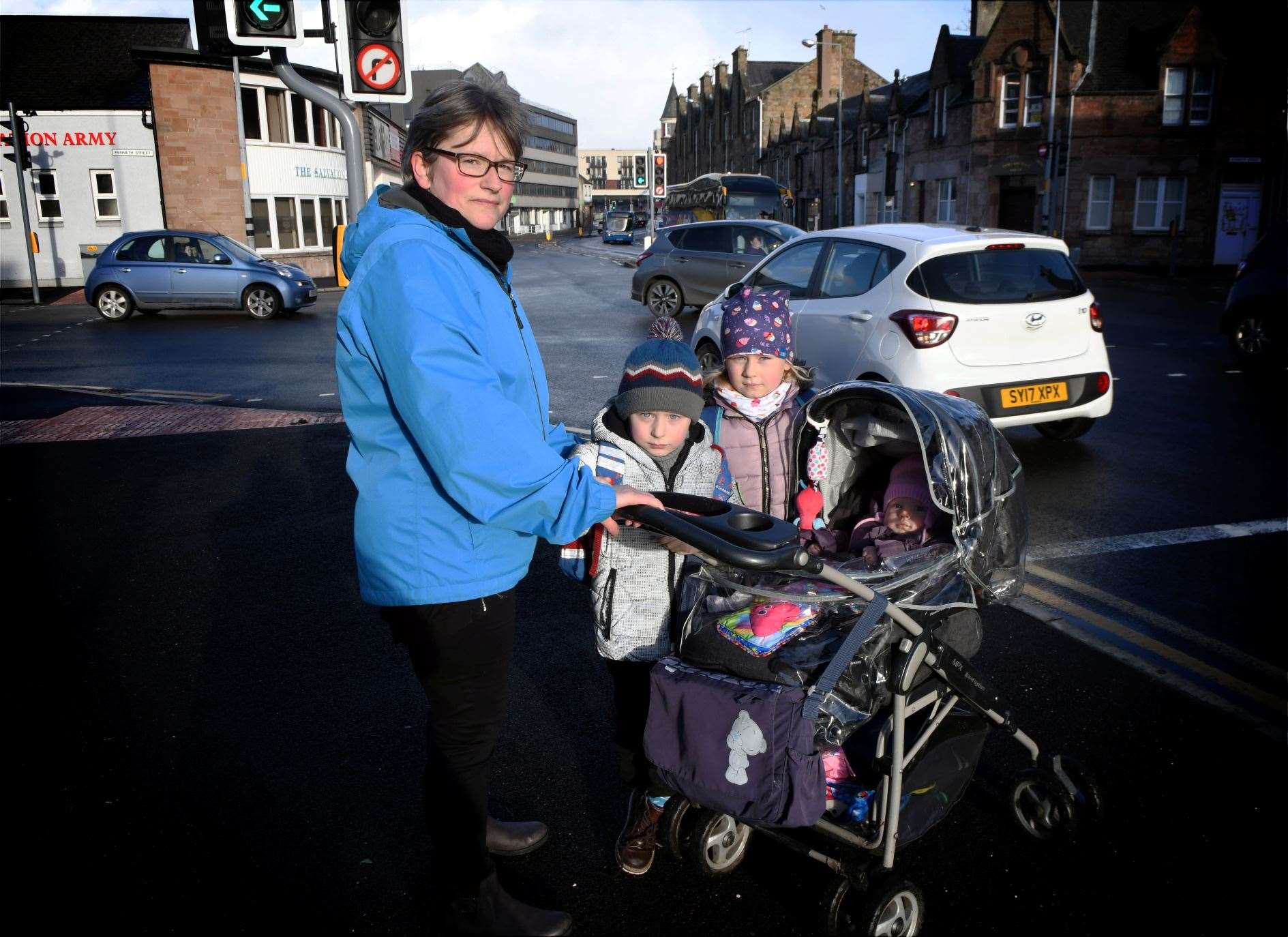 Teresa, Daniel (5), Sofia (6) and Gabriella Macpherson at the Tomnahurich Street/ Kenneth Street junction. Picture: James Mackenzie
