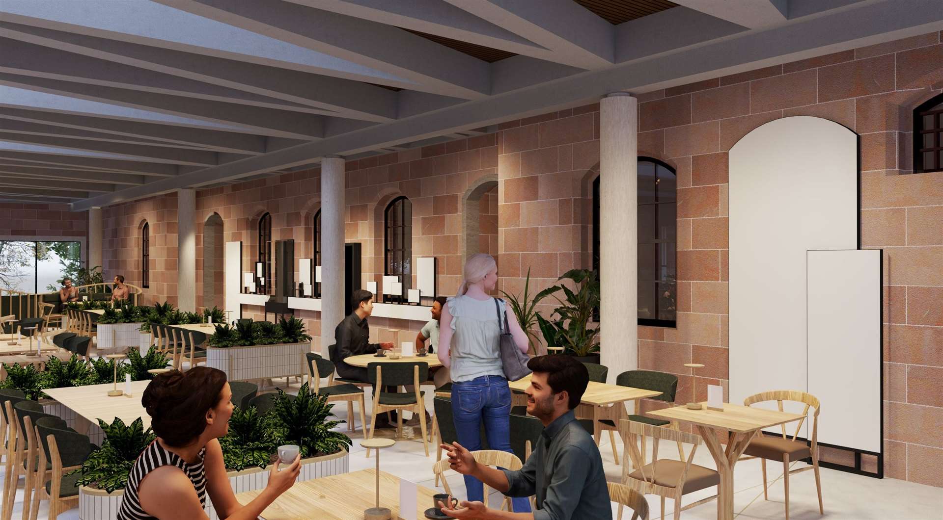 An artist's impression of the restaurant area in the new link building at the castle.
