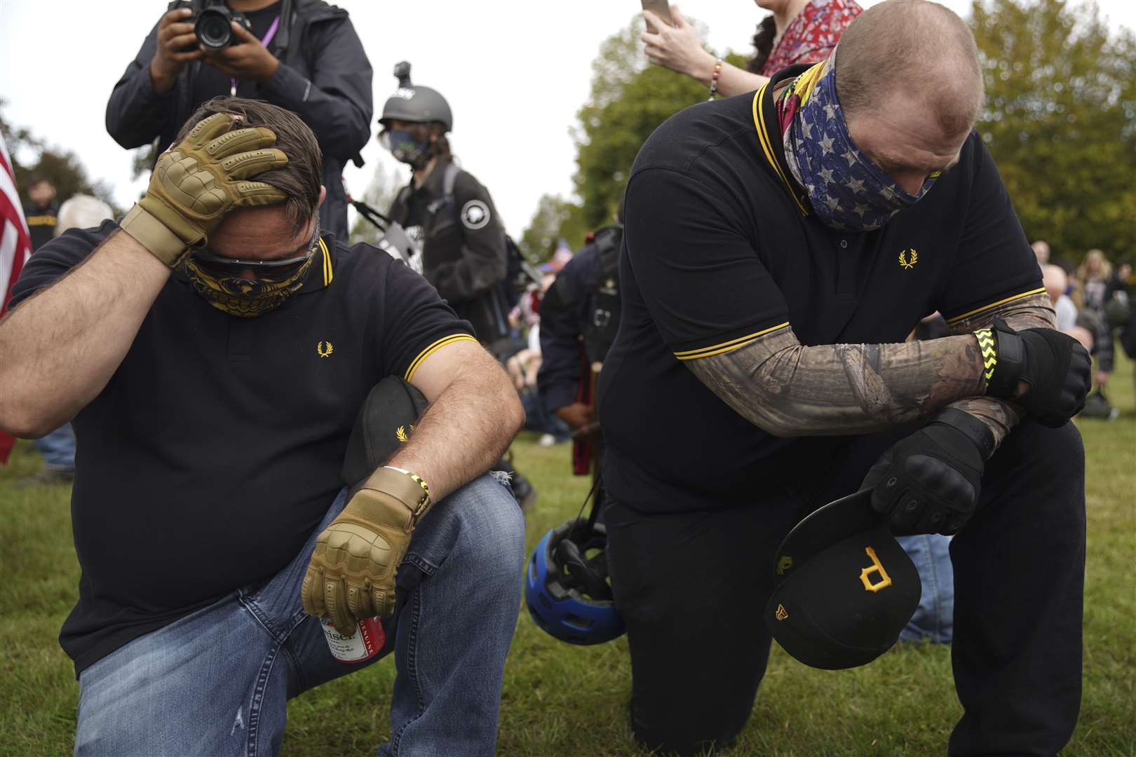 Proud Boys members in Fred Perry shirts during a march in Portland last Saturday (Allison Dinner/AP)
