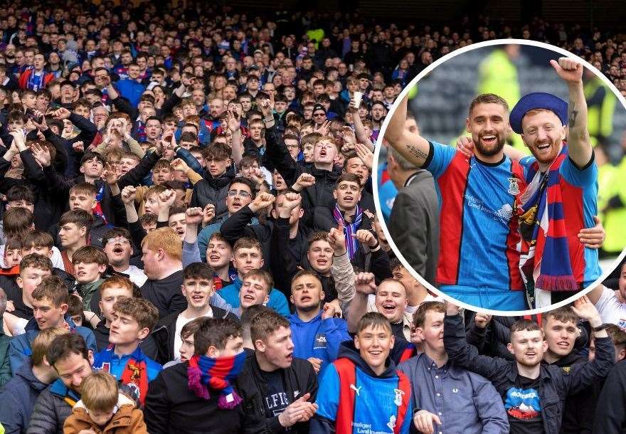 Caley Thistle's supporters during the semi-final victpry over Falkirk and (inset) Robbie Deas (left) and David Carson celebrate
