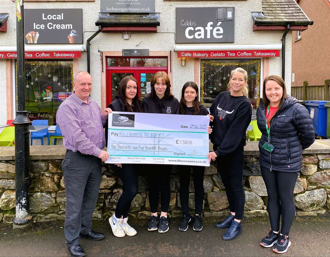 Pictured from left are David Miller (Fife Creamery), Madison MacKinnon, Gydja Warmisham, Catrina Murray (Pupils from Kilchuimen Academy) Catherine MacKay(Cobbs), and Rebecca Masson (DYW Coordinator/Teacher). Picture supplied.