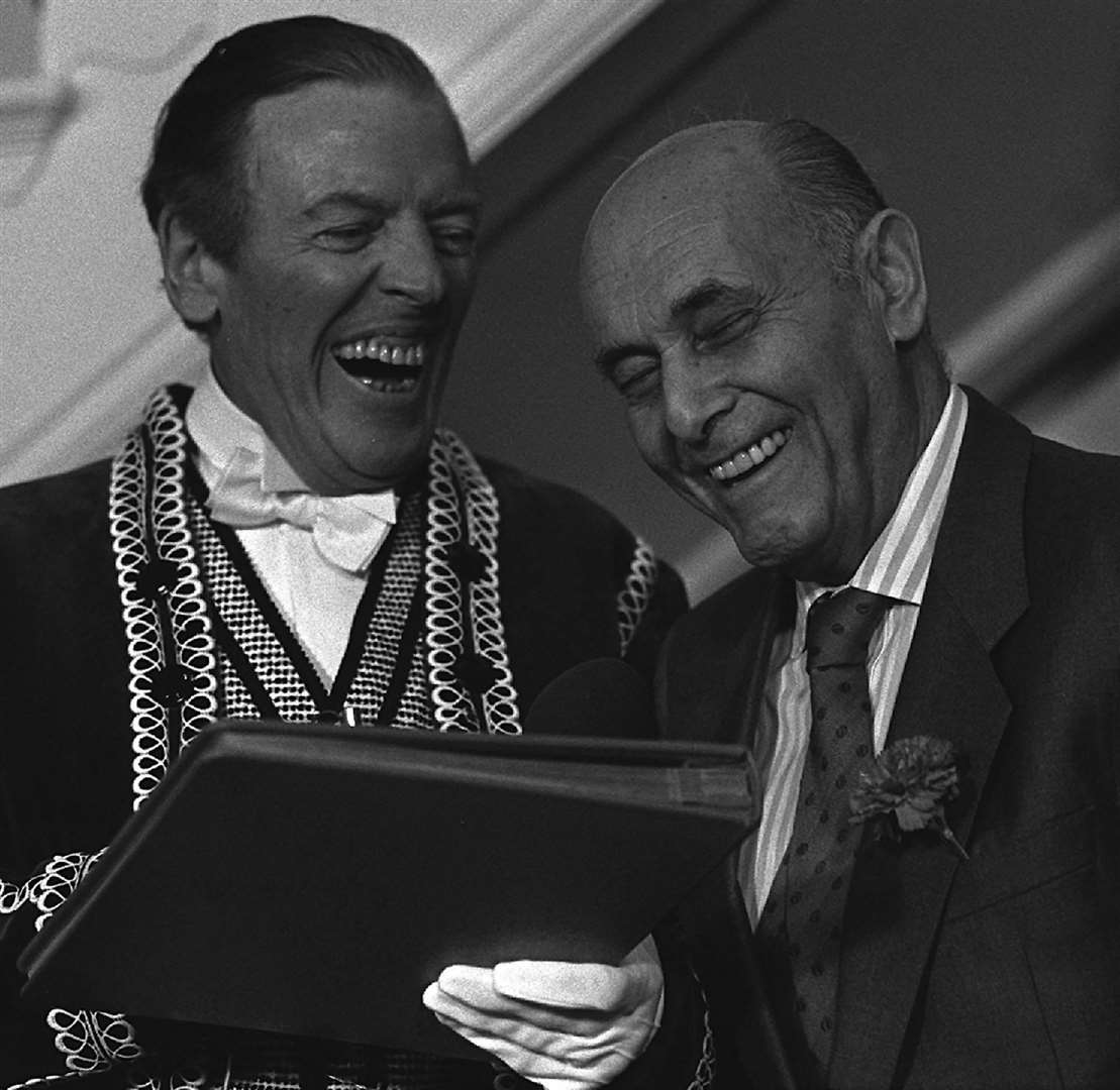 Sir Georg Solti with radio presenter Eamonn Andrews at a party to celebrate the conductor’s 75th birthday in Covent Garden (PA)