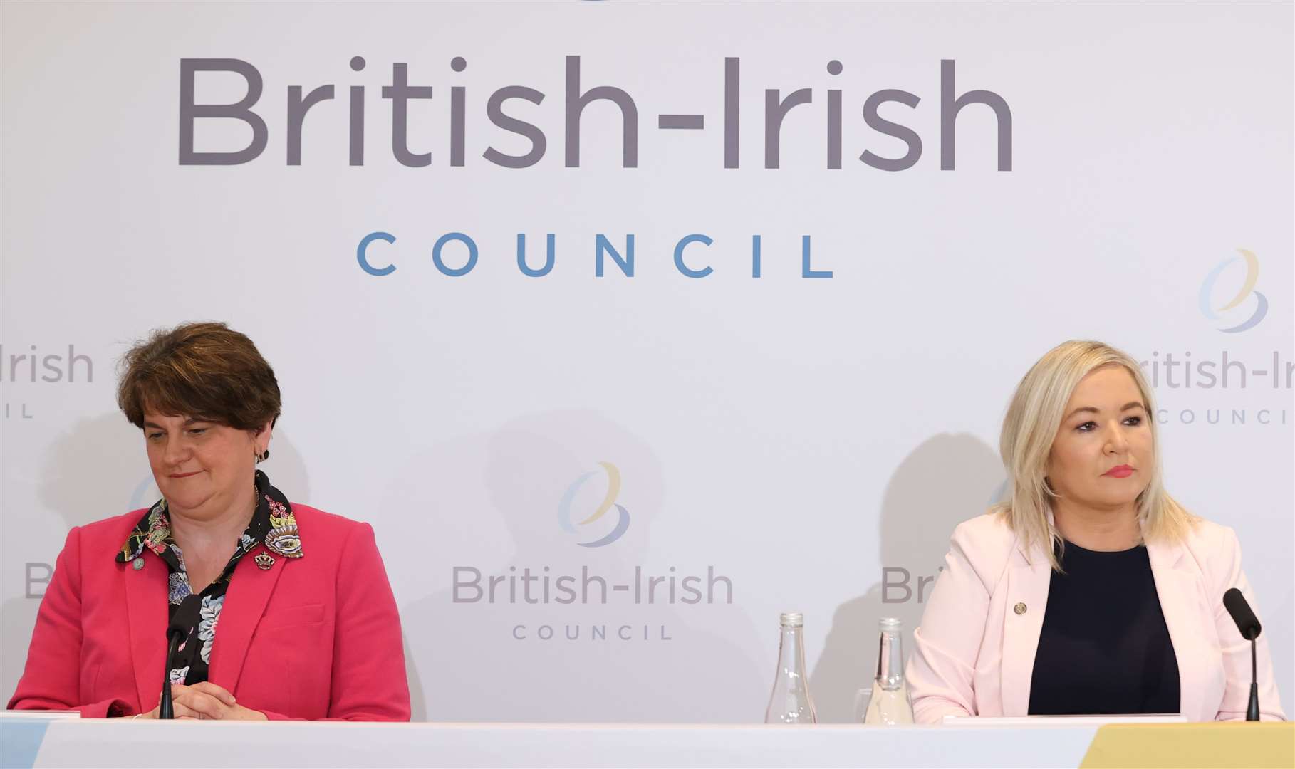 First Minister Arlene Foster and deputy First Minister Michelle O’Neill during a press conference after the British Irish Council (Liam McBurney/PA)
