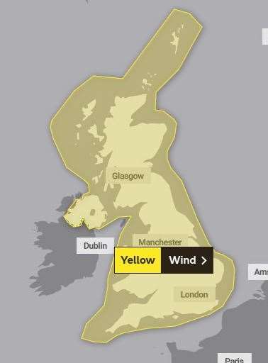 A second warning covering all of the UK will run all day on Sunday. Picture: Met Office.