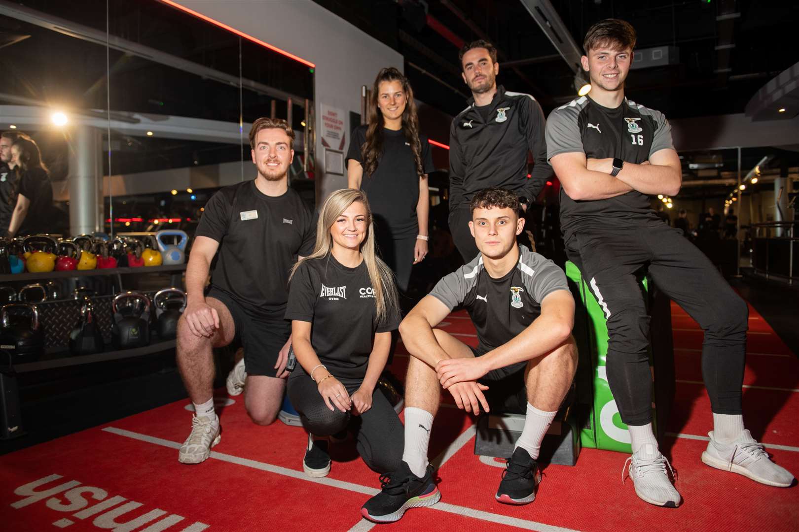 (back, lr) Rory Latta- fitness experience manager, Hollie MacIver - Member Experience Manager, Daniel Cluett , Head of Medical ICT, Lewis Hyde, ICT football player, (front, lr) Katie Taylor - Assistant General Manager, Cammy Harper ICT football player. Picture: Callum Mackay..