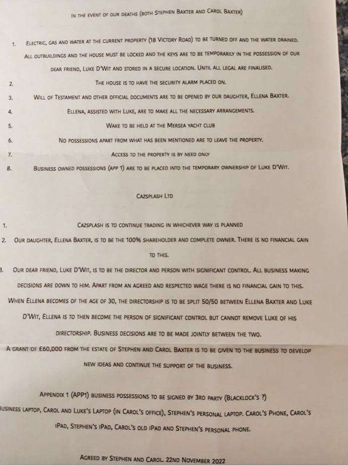 A will shown to jurors during the trial of Luke D’Wit at Chelmsford Crown Court, which, the prosecution says, was created by him (Essex Police/ PA)