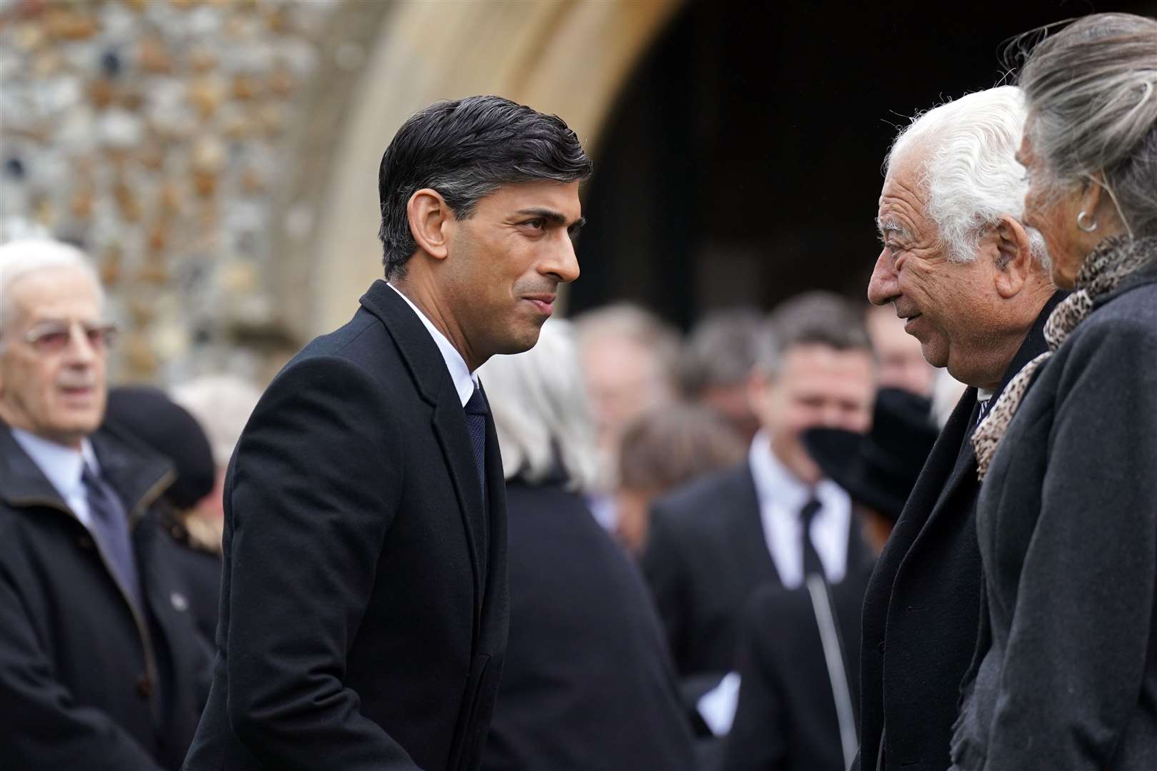 Prime Minister Rishi Sunak (centre) following Lady Boothroyd’s funeral at St George’s Church, Thriplow, Cambridgeshire (Joe Giddens/PA)
