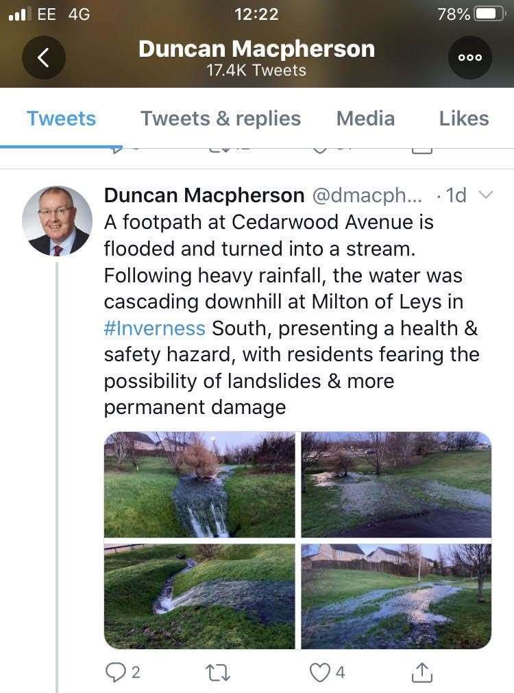 The tweet shared by Councillor Duncan Macpherson which showed the extent of the flooding in Milton of Leys over the weekend.