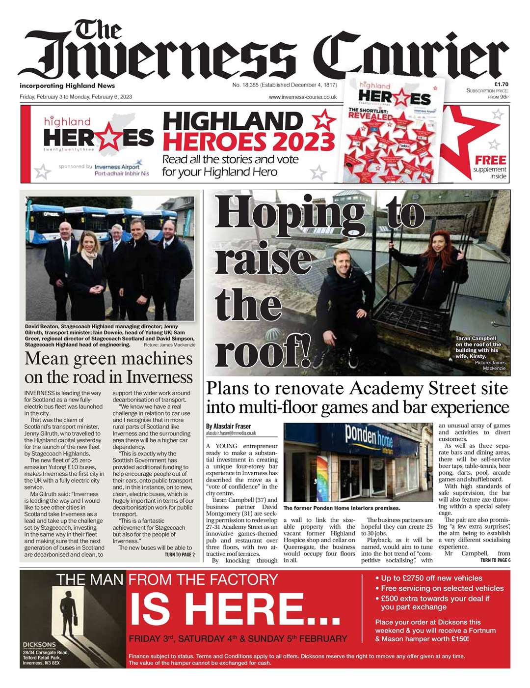The Inverness Courier, February 3, front page.