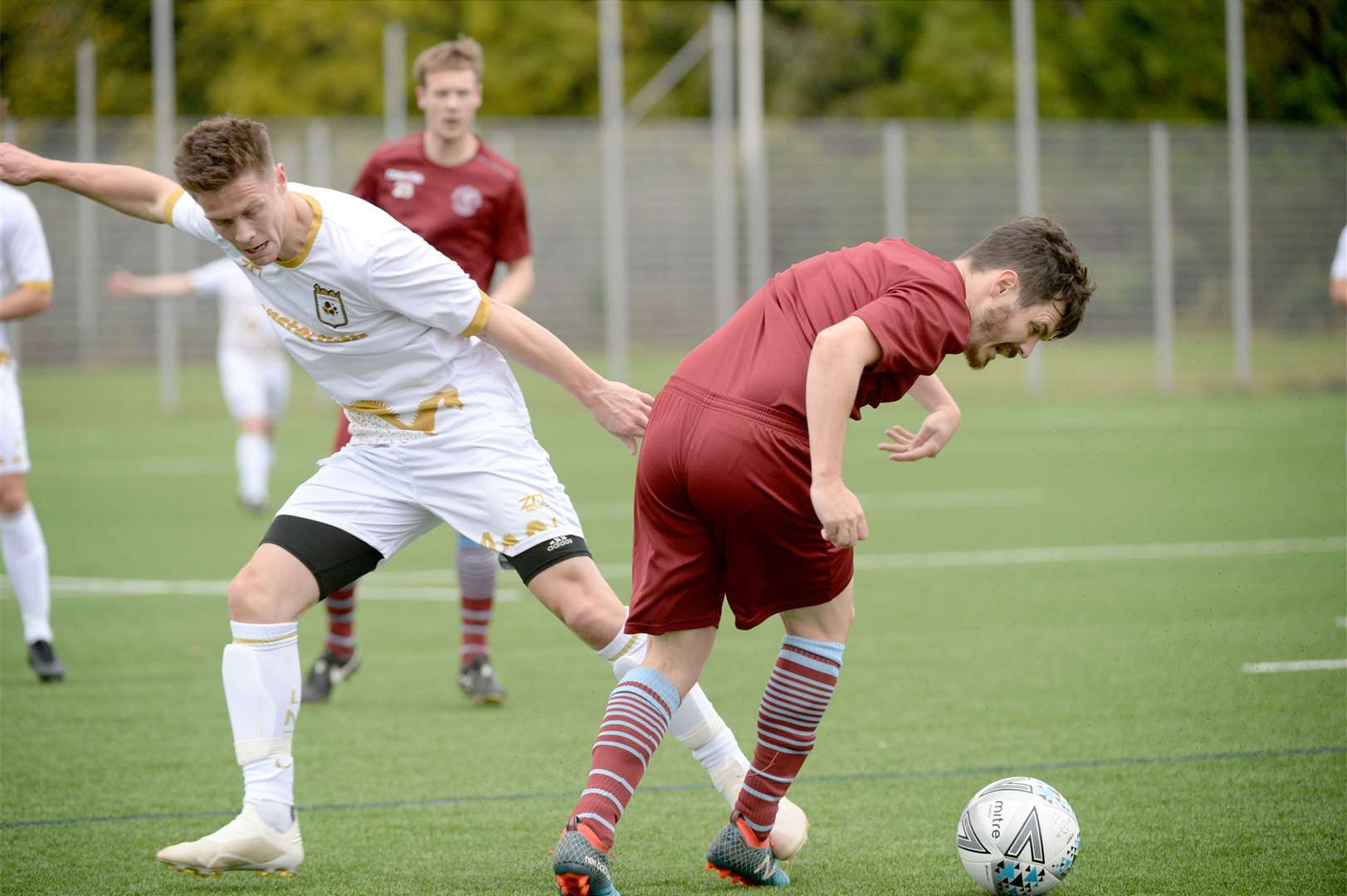 Loch Ness v Nairn St Ninian at Canal Park Inverness 10 October 2020..Craig Mainland of Loch Ness FC trying to make a tackle..Picture: James Mackenzie..