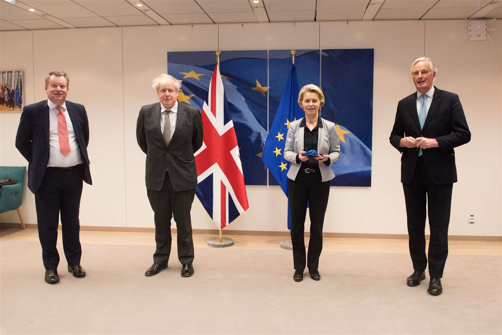 Lord David Frost, Prime Minister Boris Johnson, European Commission president Ursula von der Leyen and Michel Barnier in Brussels (Etienne Ansotte/PA)