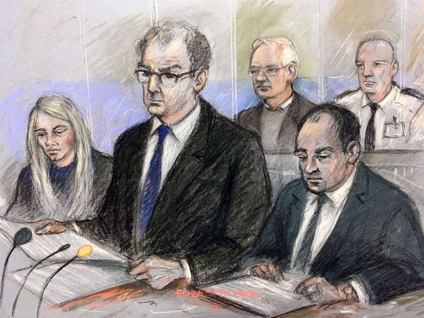 Court artist sketch of Julian Assange in the dock as James Lewis QC for the prosecution addresses Belmarsh Magistrates’ Court at a previous hearing (Elizabeth Cook/PA)
