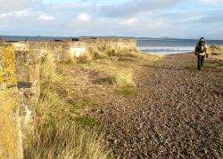 On the Moray Coast Trail beside wartime defences at Findhorn, with Burghead in sunlight across the bay.