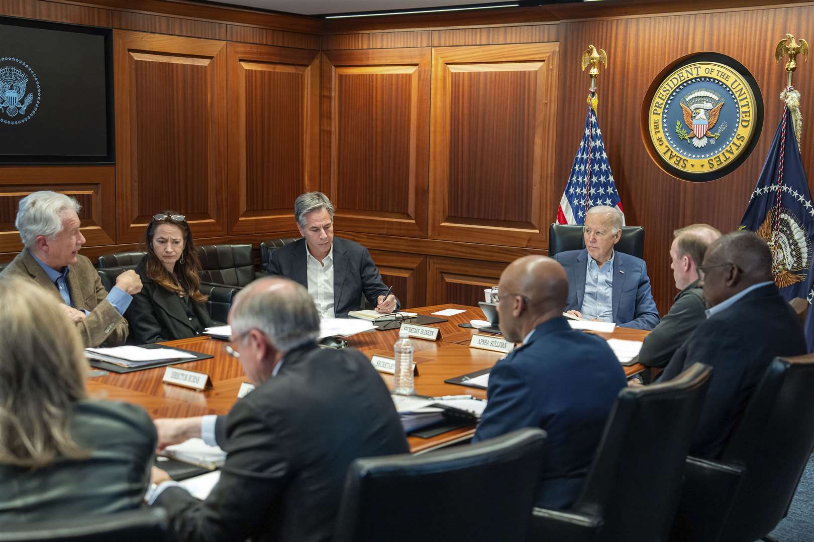 An image provided by the White House shows President Joe Biden, along with members of his national security team, receiving an update on the attacks (Adam Schultz/The White House/AP)