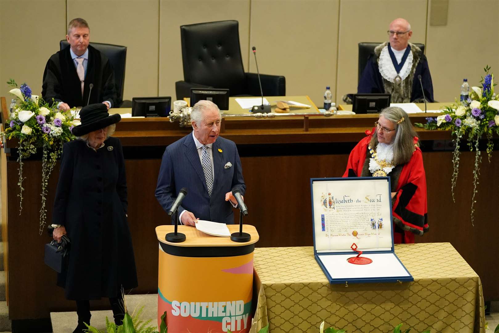 Charles addresses the council chamber at the Civic Centre in Southend-on-Sea (Gareth Fuller/PA)
