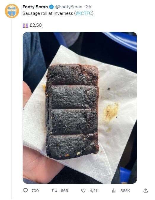 The image of a sausage roll that it is claimed was taken at the Caley Jags' ground in Inverness. But is it true?