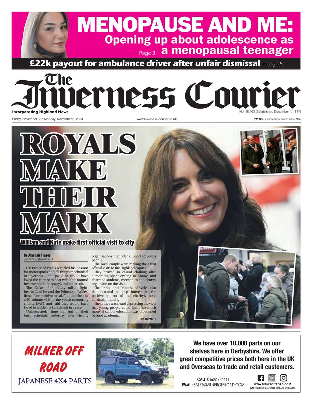 The Inverness Courier, November 3, front page.