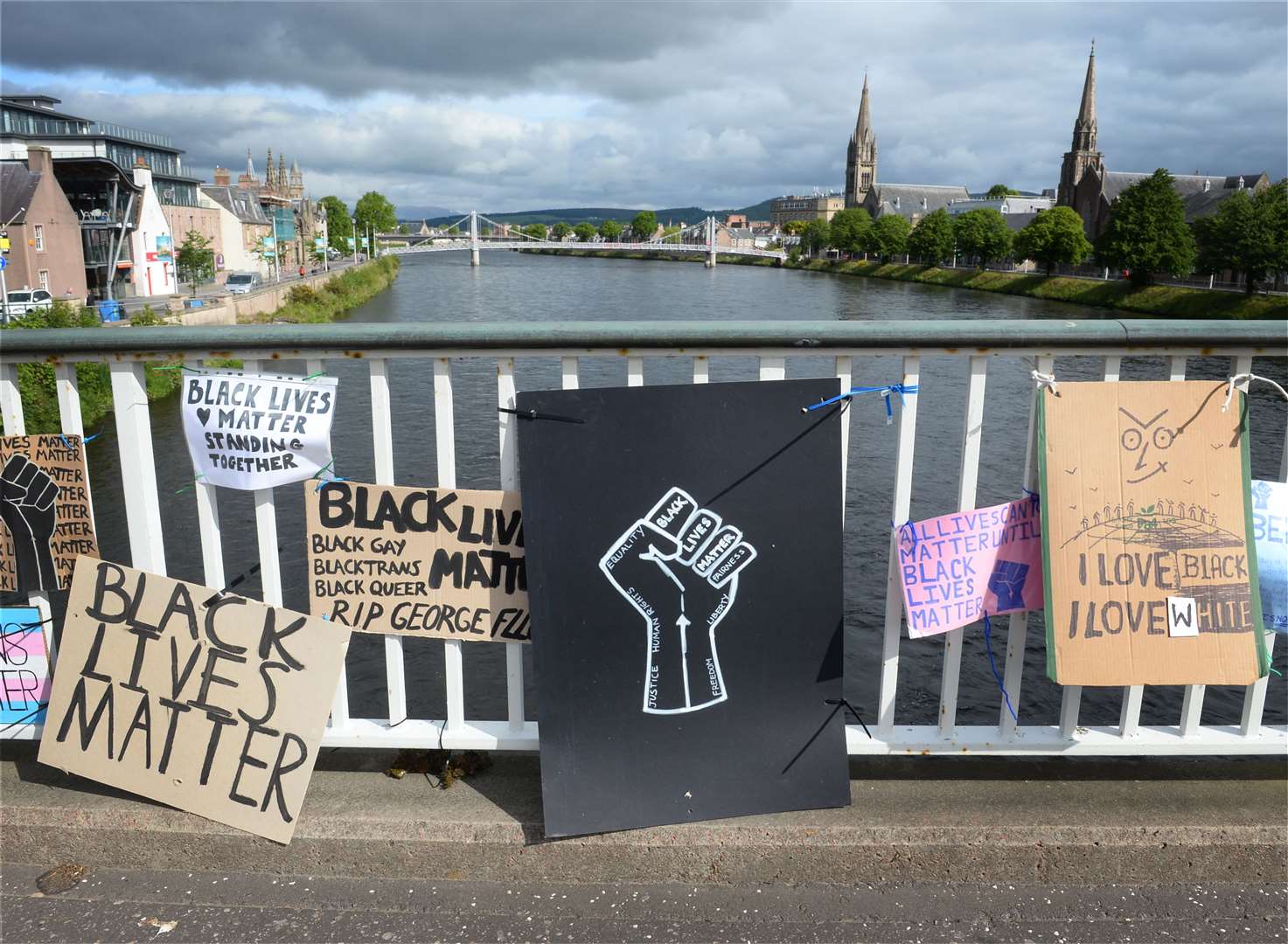 Black Lives Matter posters and artwork on the Ness Bridge which will now be exhibited at Eden Court as part of the mural trail across Scottish arts centres. Picture: Gary Anthony