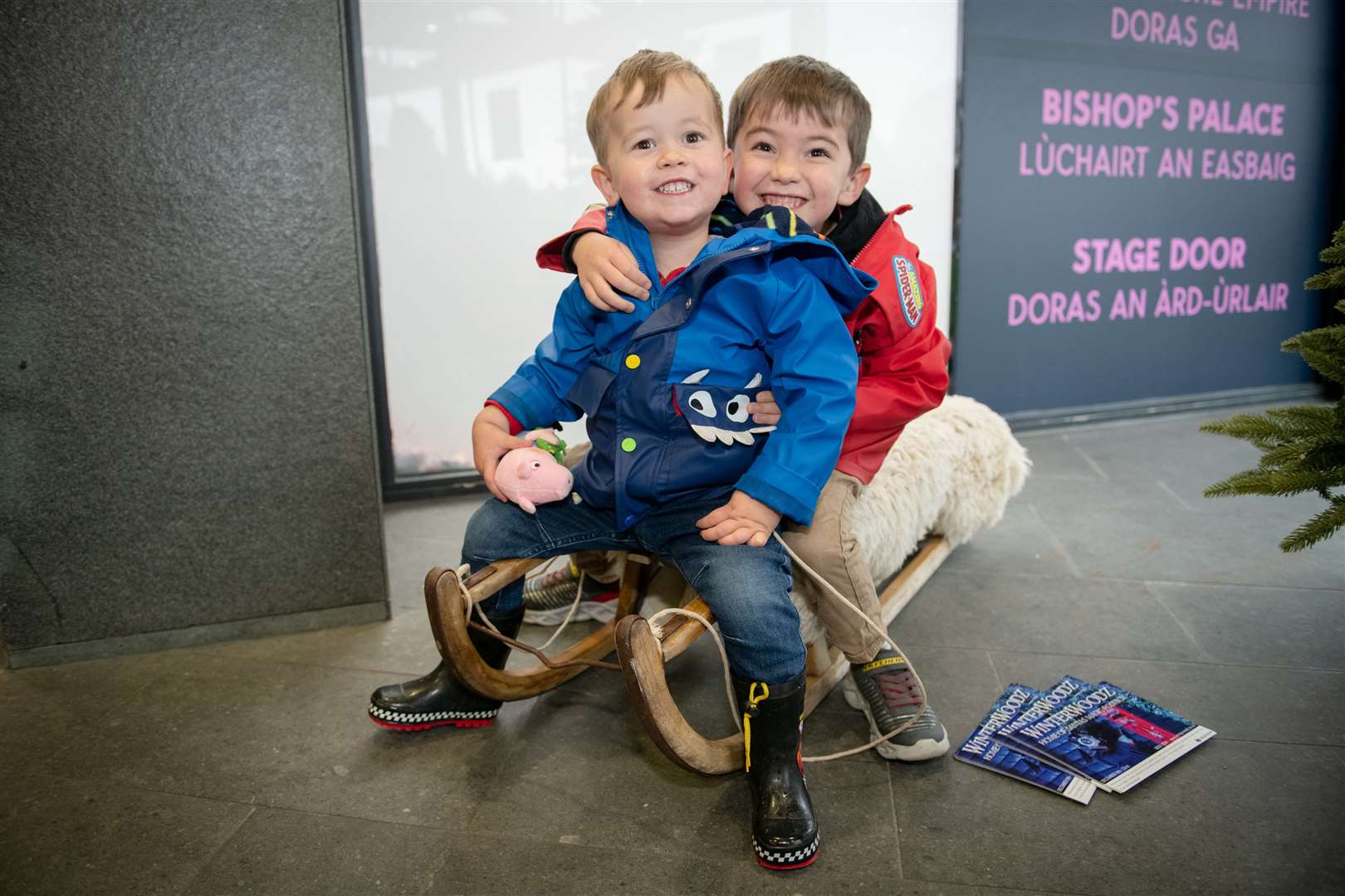 Hamish and Gregor Brown trying out the old school sledge. Picture: Callum Mackay
