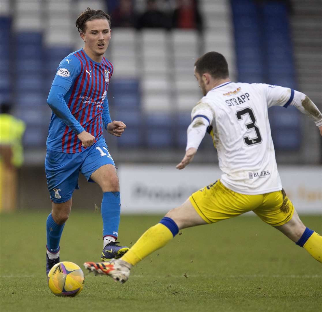 Picture - Ken Macpherson. Inverness CT(0) v Morton(1). 05.02.22. ICT’s Logan Chalmers plays the ball down the line past Morton's Lewis Strapp.